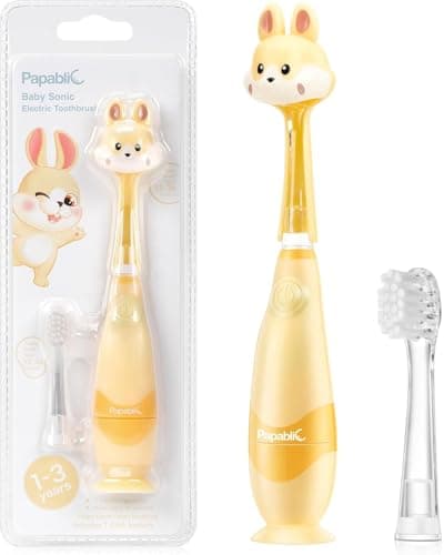 Papablic Toddler Sonic Electric Toothbrush Kids for Ages 1-3 Years, Baby Electric Toothbrush with Cute Rabbit Cover and Smart LED Timer, 2 Brush Heads (Bunny) - Image 1