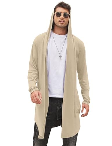 COOFANDY Cardigan Sweaters for Men Shawl Collar Long Hooded Cotton Cardigan Open Front Khaki - Image 1