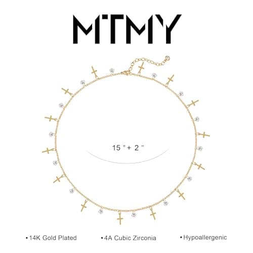 MTMY Gold Choker Necklace for Women 14K Gold Plated Cubic Zirconia Cross Heart Shell Teardrop Charm Station Choker Necklace Dainty CZ Chain Necklaces for Women Summer Jewelry Gifts(Cross) - Thumbnail 5