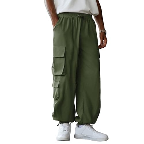 ZAFUL Men's Baggy Cargo Pants - Elastic Waist Drawstring Parachute Trousers with Pockets - Casual Street Hip Hop Style C-Green - Image 1