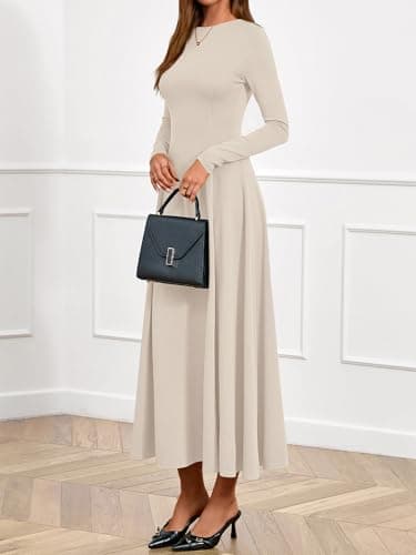 BTFBM Spring Dresses for Women 2026 Trendy Boat Neck Long Sleeve A Line Flowy Knit Loose Casual Elegant Party Maxi Dress(Beige, Large) - Thumbnail 4