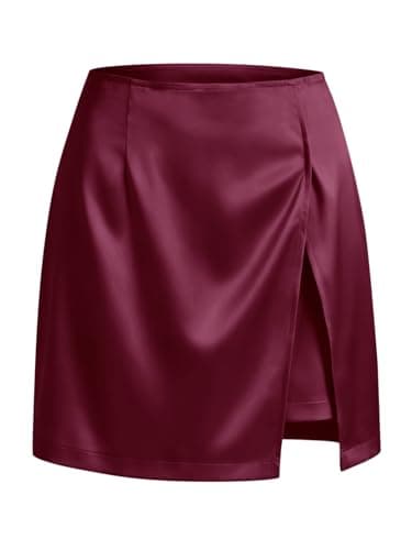 Cicy Bell Womens Satin Mini Skirt Casual High Waisted Side Slit A-line Work Skirts with Shorts Burgundy - Image 1