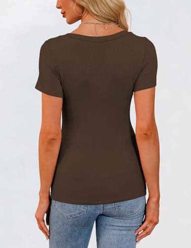 GKBK Scoop Neck Short Sleeve Tops for Women Ribbed Knit Slim Fitted Tight Layering Top Basic Tee Shirts Cute Summer Tops Casual Spring Outfits 2026 Trendy Brown - Thumbnail 3