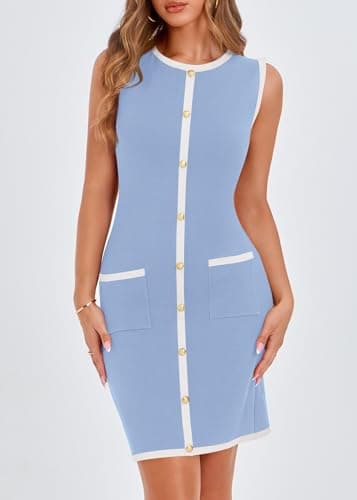 KIRUNDO Women Work Business Casual Dress 2026 Summer Fall Cocktail Semi Formal Office Elegant Classy Knit Color Block Dresses(Light Blue, Large) - Thumbnail 5
