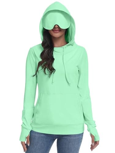 SeSe Code Womens UPF 50+ Sun Protection Hoodie with Eye Mask Travel Airplane Sleep Long Sleeve Sweatshirts Pullover with Thumb Holes & Pocket Light Green Large - Image 1