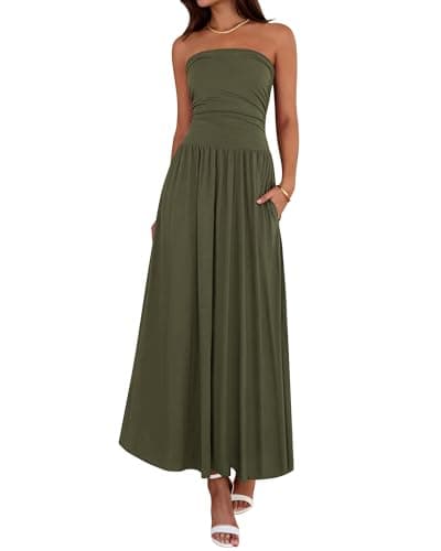 BTFBM Summer Maxi Dresses for Women 2026 Strapless Ruched Tube Top Beach Vacation Spring Wedding Guest Dress Pockets (Army Green, Large) - Image 1