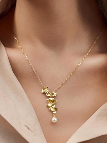 Cicy Bell Floral Pendant Necklace for Women Trendy 18k Gold Plated Shell Pearl Cubic Zirconia Dainty Long Y Necklace Jewelry Gifts - Thumbnail 2