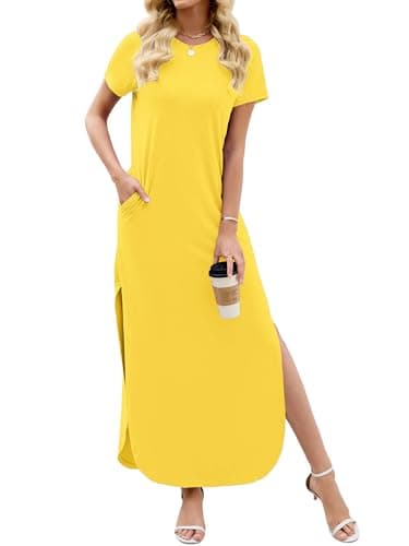 Heymoments Womens Summer Maxi Dress Yellow XX-Large Short Sleeve Casual Loose Fitted Long T Shirt Ladies Flowy Dresses Split Cute Vacation Party Beach Travel Elegant Sundress with Pockets - Image 1
