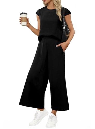 EVALESS 2 Piece Sets for Women Spring 2026 Vacation Outfits Beach Vacation Clothes Cap Sleeve Summer Tops Wide Leg Pants Matching Sets Women Clothing Black Small - Image 1