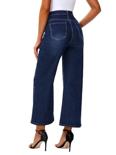 Genleck Women's Wide Leg Jeans – Cropped High Waisted Trendy Front Pockets Jeans Stretchy Capri Baggy Cute Denim Pants 2025 Midnight Blue - Thumbnail 3