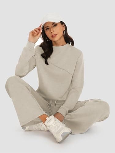 Casly Lamiit 2 Piece Outfits for Women Trendy Lounge Set Fall Mock Neck Tracksuit Wide Leg Pants Matching Sets Casual Work Travel Clothes Dark Beige M - Thumbnail 5