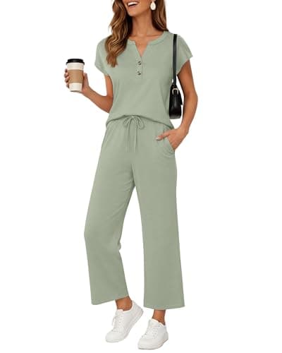 JINKESI Two Piece Sets for Women Summer Outfits Lounge Sets V-neck Tops Wide Leg Pants Vacation Travel Casual Outfit Gray Green-XL - Image 1