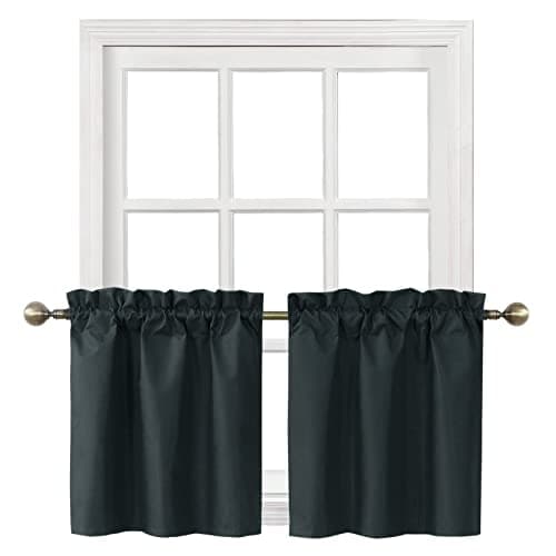 Home Queen Blackout Rod Pocket Tier Curtains for Small Window, Short Room Darkening Basement Curtains, Cafe Drapes, 2 Panels, 26 W x 24 L Inch Each, Black