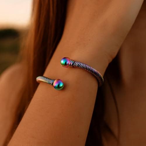 Stainless Steel Twisted Cable Wire Bracelets for Women Men (C-Rainbow) - Thumbnail 3