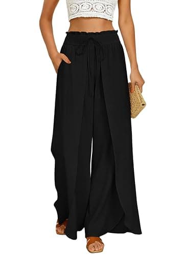 GRACE KARIN Women Linen Palazzo Pants Summer Wide Leg Boho Drawstring Casual Lounge Pant Beach Travel Vacation Outfits Black 2XL - Image 1