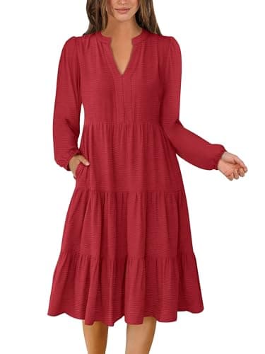 ANRABESS Womens Long Sleeve Midi Dresses,Red,Medium