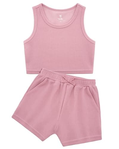 Stelle Girls Athletic Sets, Scoop Neck Ribbed Crop Tops Elastic Waist Shorts With Pockets 2 Piece Outfits, Girls Summer Outfits 5T, Dusty Rose, X-Small - Image 1
