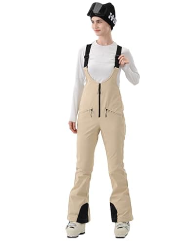 HIGH EXPERIENCE Womens Ski Bib Pants Skinny Soft Shell Snow Overalls Slim Fit Fitted Snowboard Insulated Waterproof Windproof (Light Khaki, X-Small) - Thumbnail 3
