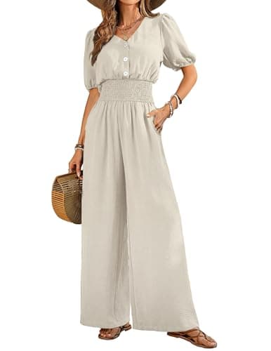 LOOKBOHO Womens Jumpsuits Summer Casual Dressy Peplum Sleeve Wide Leg Long Pants Rompers 2026 Trendy Outfits Ivory XXL - Image 1