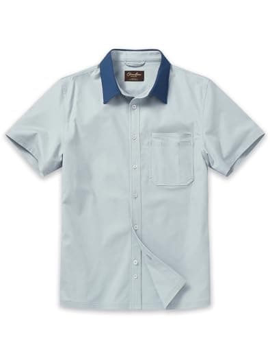 CHRONOLINE Men's Short Sleeve Button Up Shirt with Pocket Cotton Contrast Collar Spring Summer Outdoor Work Shirt for Men, Ice Blue, S - Image 1