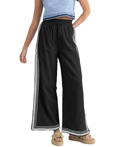 Wefebi Womens Casual Wide Leg Side Striped Pant Drawstring Elastic Waist Lounge Palazzo Pants with Pockets(Black-S) - Image 1