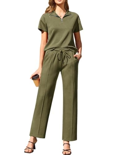 difficort 2 Piece Sets for Women Summer Vacation Travel Outfits Matching Lounge Sets Fashion 2026 Clothing, Army Green, Medium - Image 1