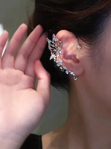 YRlilicc 2Pcs Glitter Rhinestone Butterfly Ear Cuff Vintage Non-Piercing Fake Earrings Bridal Wedding Climber Ear Wrap Prom Ball Ear Jewelry for Women - Thumbnail 2