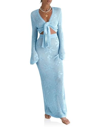 Beloyoni Women's Summer Swimsuit Coverup Crochet Knit Cardifan Tops Long Skirt Beach Set Swimwear Bathing Suit Cover Ups Blue XL - Image 1