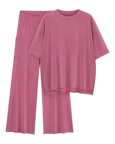KIRUNDO 2 Piece Lounge Sets for Women Airport Travel Vacation Outfits Summer Casual Loose Short Sleeve Tops & Wide Leg Pants(Pink, X-Large) - Image 1