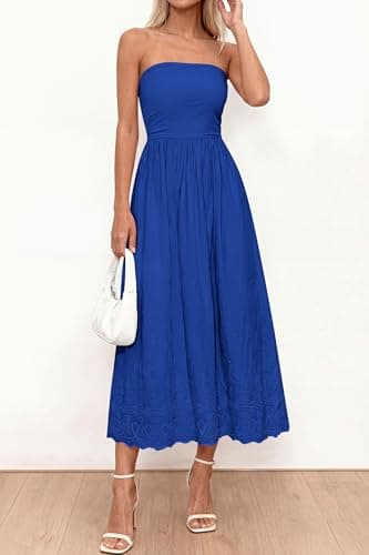 PRETTYGARDEN Womens Summer Dresses 2026 Sexy Sleeveless Tube Top Long Dress Eyelet Cotton Maxi Beach Sundress Pockets(Blue,Large) - Thumbnail 3