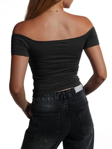 Imily Bela Womens Off The Shoulder Tops Short Sleeve Top Quick Dry T Shirts Trendy Y2k Going Out Crop Tops Slim Fit 2025 Black - Thumbnail 4