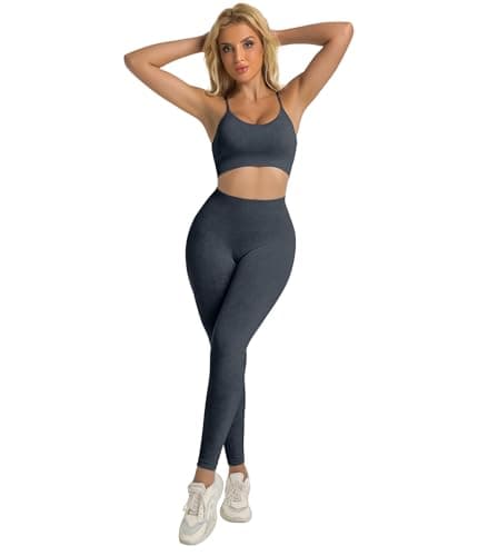 YOAKUKA Women's 4 Piece Workout Sets Seamless Acid Wash Yoga Outfits with Short Sleeve Top Sports Bra Biker Shorts High Waist Leggings Active Set - Thumbnail 5