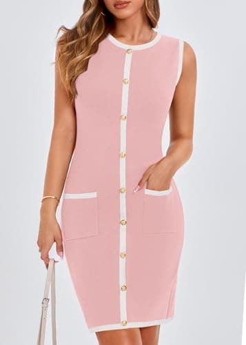 KIRUNDO Women Work Business Casual Dress 2026 Summer Fall Cocktail Semi Formal Office Elegant Classy Knit Color Block Dresses(Pink, X-Large) - Thumbnail 3