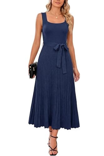 Arach&Cloz Spring Summer Womens Tank Sweater Dress 2026 Sleeveless Square Neck Cashmere Ribbed Knit Tie Waist Pleated A Line Pullover Fashion Belt Flowy Midi Maxi Graduation Clothes Navy Blue XXL - Image 1