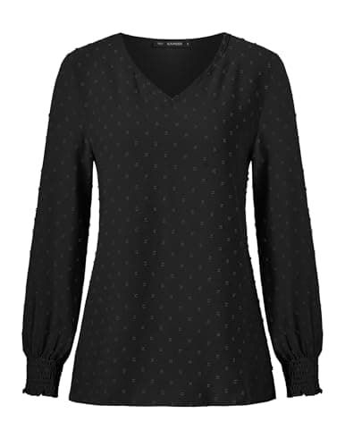 GAMISS Long Sleeve Top for Women Swiss Dot Shirt V Neck Knit Blouse Basic Shirt Black, S - Thumbnail 4
