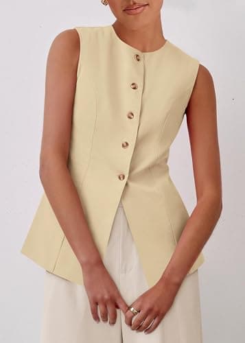 KIRUNDO Vest Tops for Women Trendy Dressy Business Casual Outfits 2026 Summer Sleeveless Fitted Blazer Work Suit Waistcoat(Beige, Medium) - Thumbnail 3