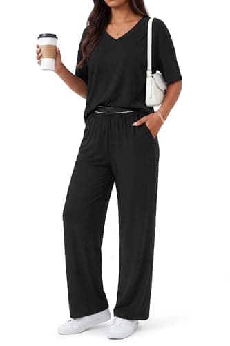 OUGES Women's Pajama Sets Lyocell Cotton Lounge Set Short Sleeve Soft Loungewear Casual Summer Travel 2 Piece Outfits(Black,XXL) - Image 1