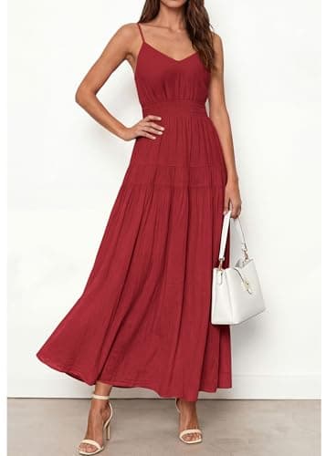KIRUNDO Maxi Dresses for Women 2026 Summer Sleeveless Spaghetti Strap Long Flowy Beach Vacation Dress Boho A Line Sundress Red - Thumbnail 5