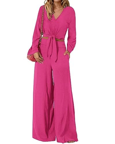 PRETTYGARDEN Women's 2 Piece Outfits 2026 Spring Fashion V Neck Long Sleeve Strappy Crop Top Wide Leg Pant Lounge Sets(Rose Red,Medium) - Image 1