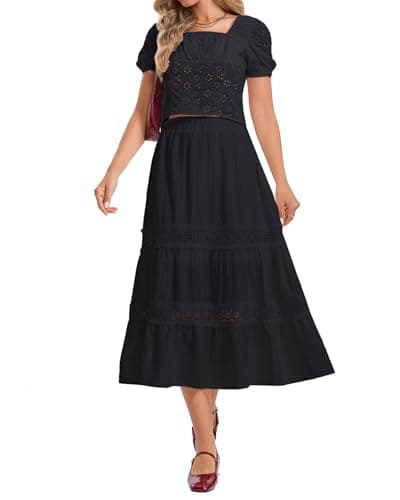 Ystguic Women's Casual Summer Spring Boho Lightweight Tiered Midi Cotton Skirt Ladies Eyelet Lace Embroidery Ruffle High Empire Waist Elasticated A Line Flowy Beach Skirts X-Large Black YG055 XL - Thumbnail 3
