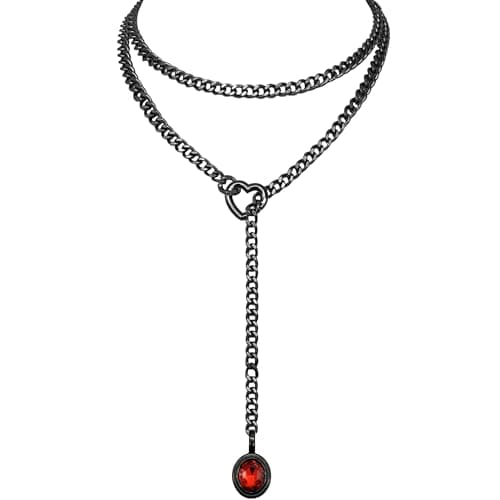 EverGlimp Heart Slip Chain Necklace for Women, 39 Inch Cuban Chain, Removable Heart O-Ring, Crystal Pendant, Adjustable Stainless Steel Y-Necklace (Black-Red) - Image 1