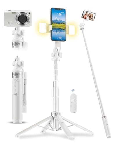 ACKIMA 53'' Selfie Stick Tripod with Light, Enhanced 4-Leg Cell Phone Stand Camera Tripod with Rechargeable Wireless Remote & 2 Fill Light, Portable Selfie Stick Travel Essentials for iPhone Android - Image 1