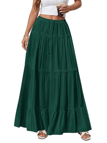 BTFBM Spring Skirts for Women 2026 Summer Boho Beach Vacation Clothes Casual Pleated High Waisted Flowy Maxi Skirt(Green, Large) - Thumbnail 4