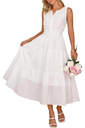 Autumn Flowerwall Women's Summer Maxi Dress Sleeveless Premium Lyocell Breathable Smocked Elastic Waist Tiered Flowy Long Dress with Pockets Beach Vacation Wedding Guest Garden Party White XL - Image 1