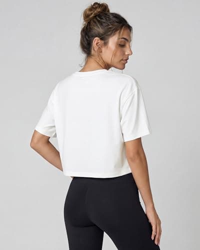 Stelle Womens Workout Crop Top Loose Short Sleeve Shirt Quick Dry UPF 50+ Sun Protection Moisture Wicking Boxy Tee for Running Athletic White Medium - Thumbnail 3