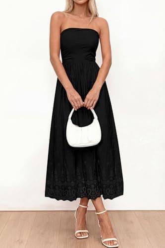 PRETTYGARDEN Womens Summer Dresses 2026 Sexy Sleeveless Tube Top Long Dress Eyelet Cotton Maxi Beach Sundress Pockets(Black,Large) - Thumbnail 5