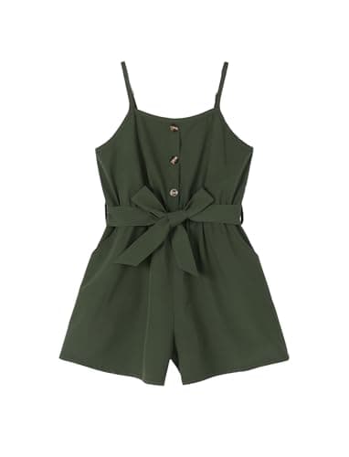 PATPAT Girls Rompers Size 9-10, Olive Green, Cute Jumpsuits For Kids, Backless Wide Leg Sleeveless Hawaiian Rompers With Pockets, Spaghetti Strap Jumpsuits With Belt, Kids Birthday Outfit - Image 1