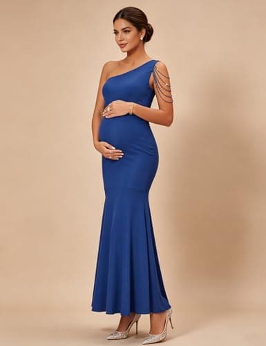 Yissang One Shoulder Rhinestone Mermaid Maternity Maxi Dress Baby Shower - Thumbnail 2