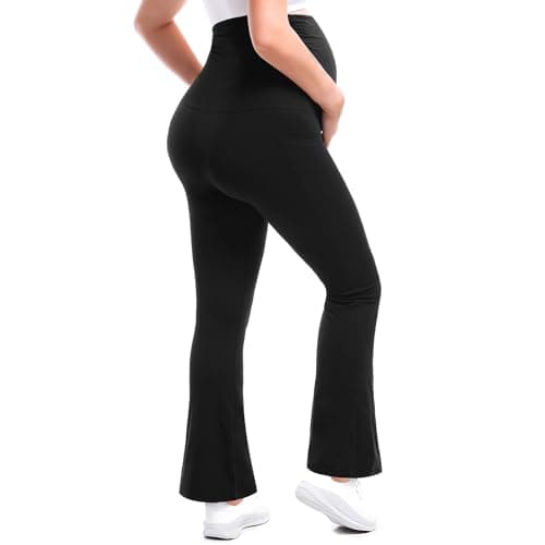 Walifrey Maternity Flared Leggings with Pocket Over The Belly Buttery Soft Pregnancy Yoga Pants Black XXL 32in - Thumbnail 2