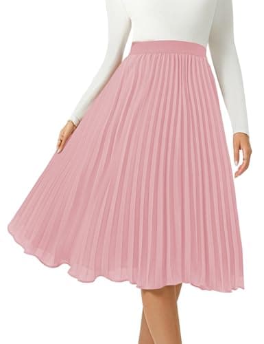Women's Midi Skirt Elastic High Waist Pleated Skirt Knee Length Swing A-Line Casual Flowy Skirts 2025 Pink,XL - Image 1